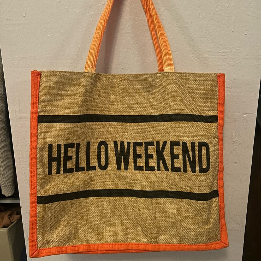 Hello Weekend Tote Bag with Orange Trim